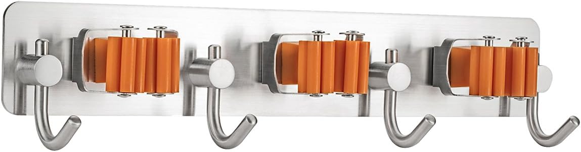Bosszi Broom Holder Mop Holder Gardening Tools Organizer, SUS 304 Stainless Steel Brushed & Non-Slip Silicone Self-Adhesive Mounted Storage Racks with 3 Positions & 4 Hooks Holds Up to 7 Tools Firmly