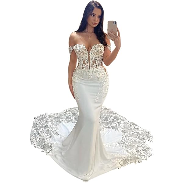 Sequins Satin Lace Key-Hole Beach Mermaid Wedding Dresses for Bride with Long Train Bridal Ball Gowns Ivory at Amazon Women's Clothing store Sequins Satin Lace Key-Hole Beach Mermaid Wedding Dresses for Bride with Long Train Bridal Ball Gowns Ivory at Amazon Women's Clothing store