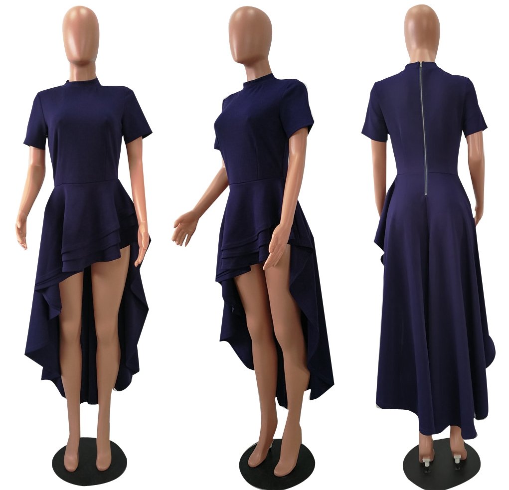 Women Ruffle High Low Asymmetrical Irregular Short Sleeve Tops Shirts Blouse Dress Blue L