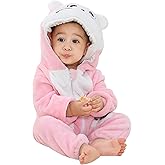 HAHASHOW Baby Winter Hooded Romper Jumpsuit, Unisex Kids Flannel Romper, Halloween Toddler Cartoon Animals Onesie