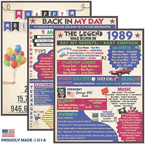 Vapara Designs 30th Birthday Decorations - 3 Pack of Birthday Posters 8x10 (Unframed) - 30th Birthday Gifts for Women and Men -1989 Birthday Party Supplies