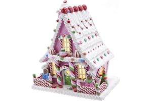 KURT S. ADLER Kurt Adler 10-Inch Pink Battery-Operated Candy LED Gingerbread House Table Piece