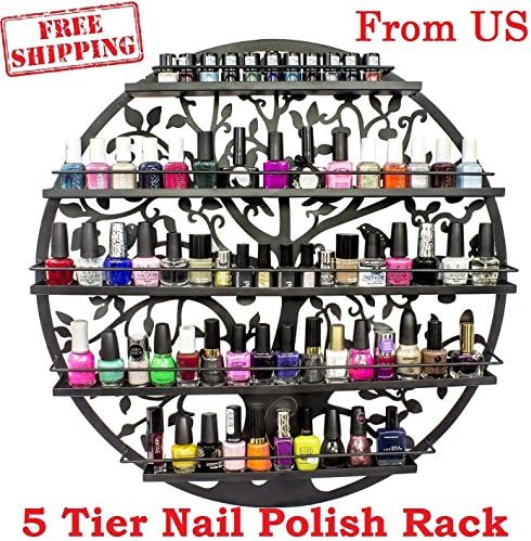 Wall Mounted 5 Tier Nail Polish Rack Holder - Tree Silhouette Round Metal Salon Wall Art Display Black