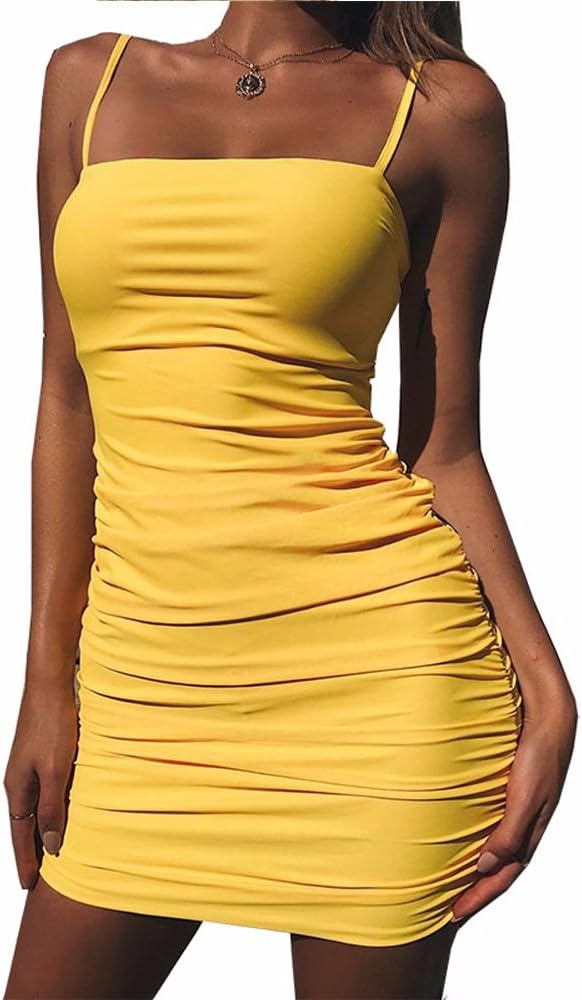 Women's Sexy Strap Backless Sleeveless Ruched Mini Bodycon Club Dresses