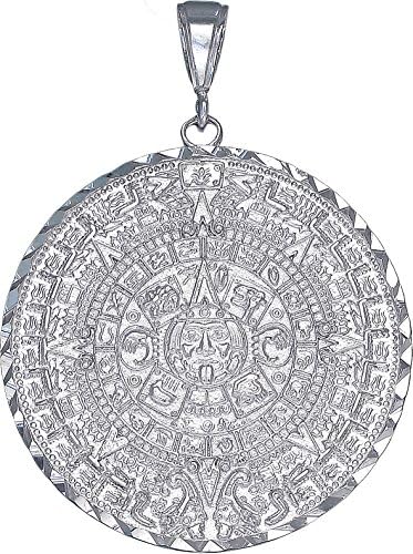 Sterling Silver Aztec Calendar Mayan Sun Charm Pendant Necklace Diamond-Cuts