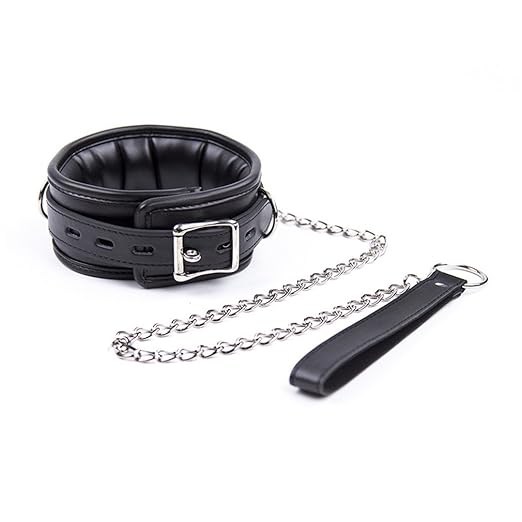 Shawa Halsband + Leine Ketten Einstellbar Leder Schwamm Gepolsterte Schwarz Bondage Sexsklaverei Cospaly Erotik Fetisch SM Se