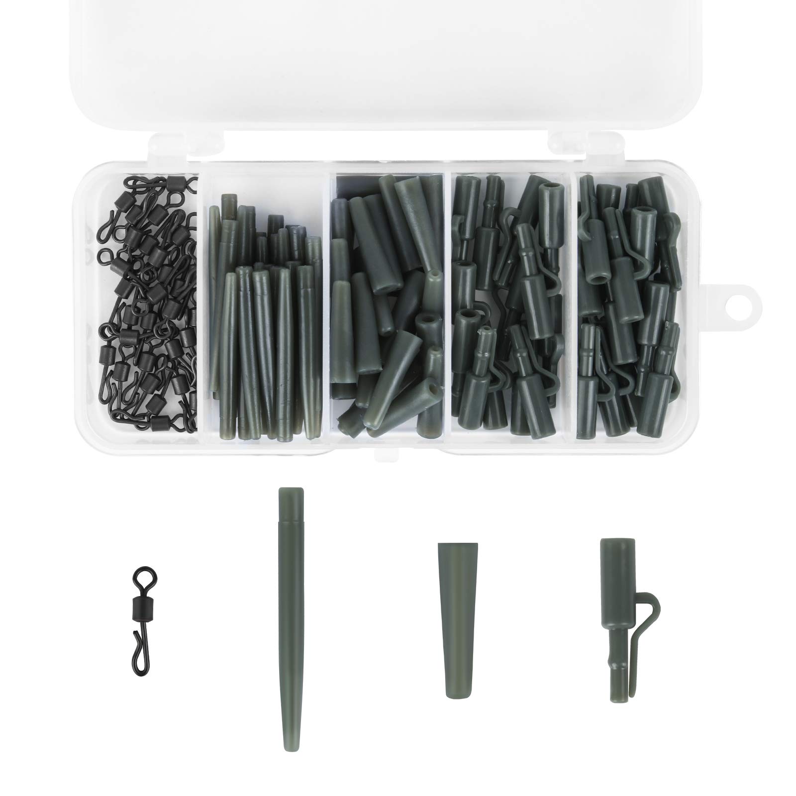 Jubaopen 120PCS Carp Fishing Accessories Set - Quick Change Swivel, Rubber Swivel Snaps, Kit, Tip Tube, Plastic Lead Clip, Anti Tangle Sleeve (4 Sizes, Gray Green)