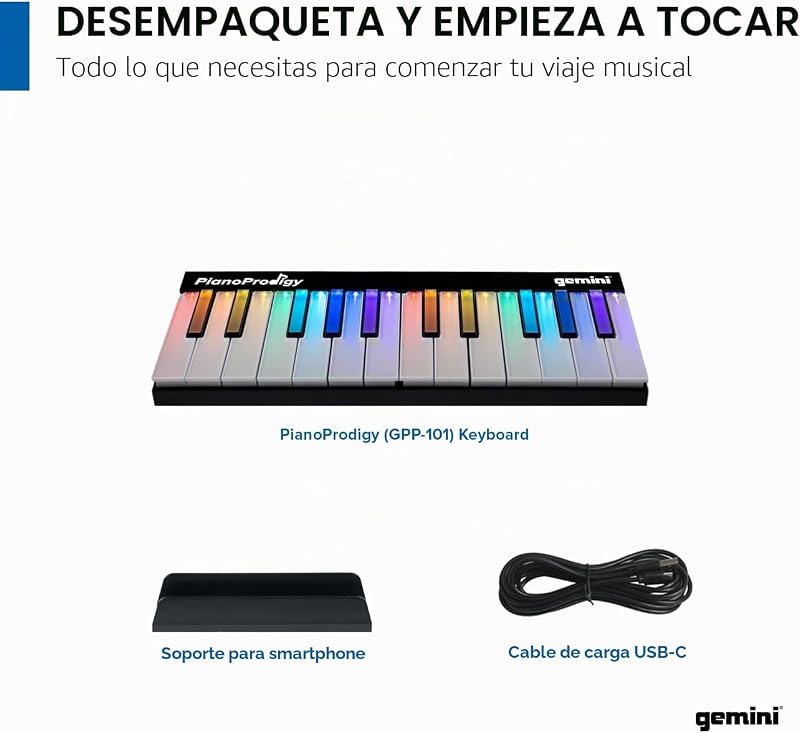 Sound PianoProdigy Teclado MIDI inalámbrico iluminado de 24 teclas GPP-101, Debe conectarse a un dispositivo iOS/Android para obtener sonido, Ampliable, Bluetooth, portátil