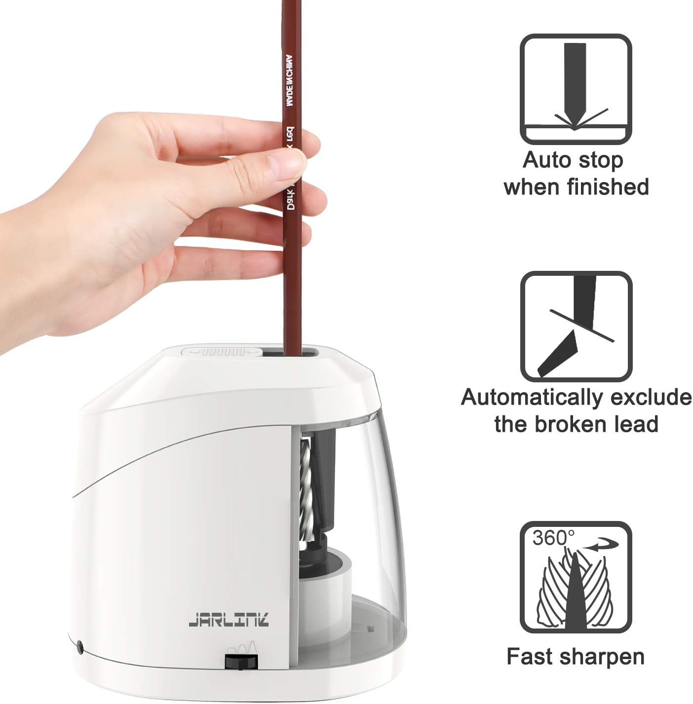 JARLINK Electric Pencil Sharpener, Heavy-Duty Battery Operated Pencil Sharpener for School Classroom Office, Auto Stop for No.2/Colored Pencils(6-8mm), White : Office Products