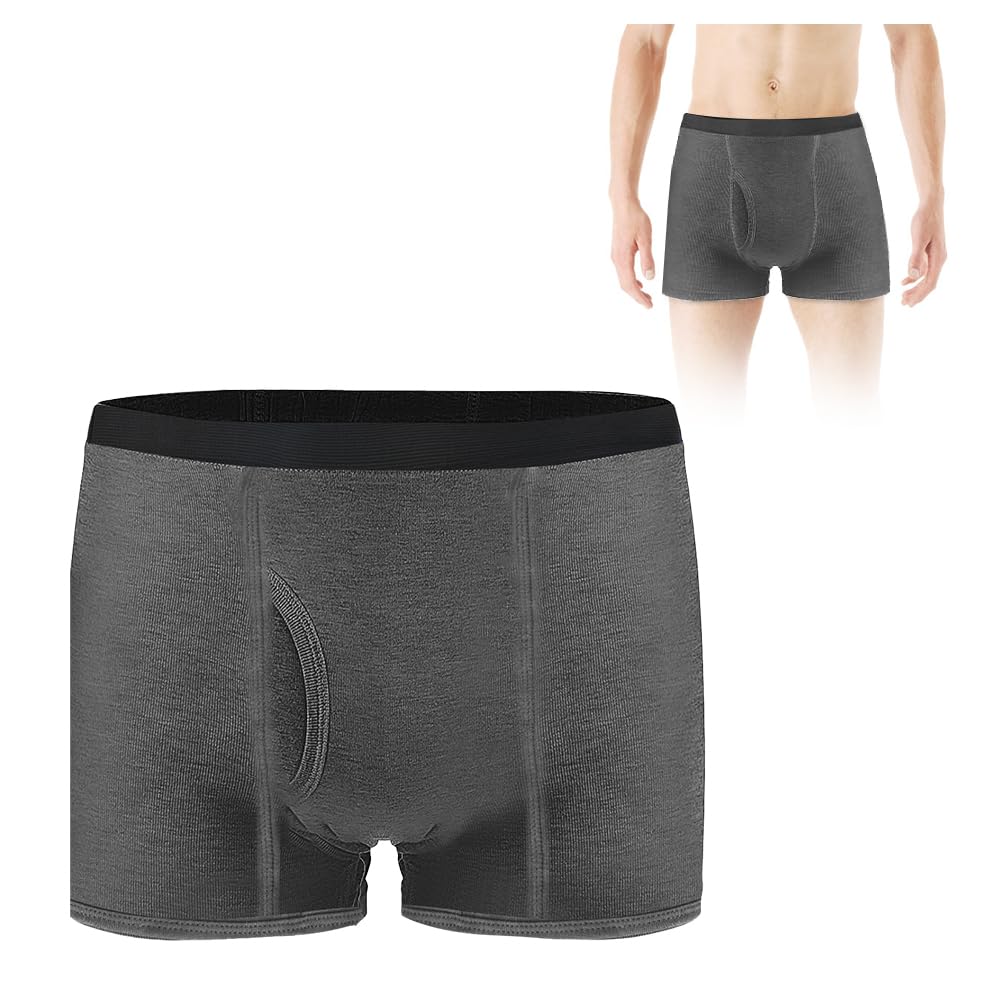 AOOWU Men's Incontinence Underpants Adult Washable Cotton Reusable Incontinence Briefs with Absorbent Pad Urine Capacity 300ML, Size L, Grey, 1 Pcs