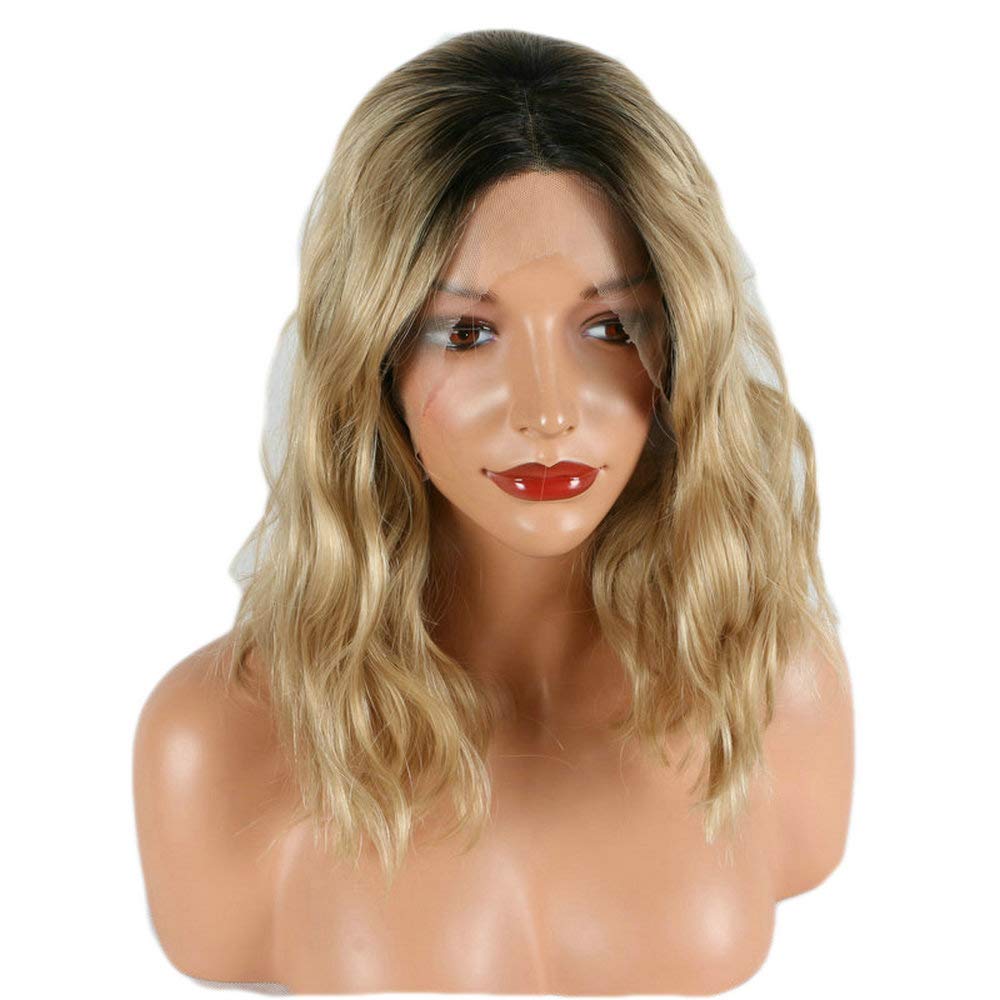 RainaHair 14inch Blonde Synthetic Lace Front Wigs Dark Roots Short Bob Loose Wave Wig Heat Resistant Fiber for Women Water Wave Hair (Ombre Blonde)