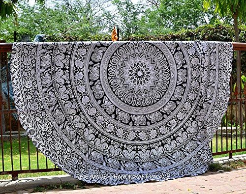 Vipsoul Beauty Large Premium Round Indian Mandala Tapestry Beach Towel Blanket Outdoor Roundie Ultra Soft Multi-Purpose Blanket Shawl Yoga Mat (Cotton 70', Black&amp;White)