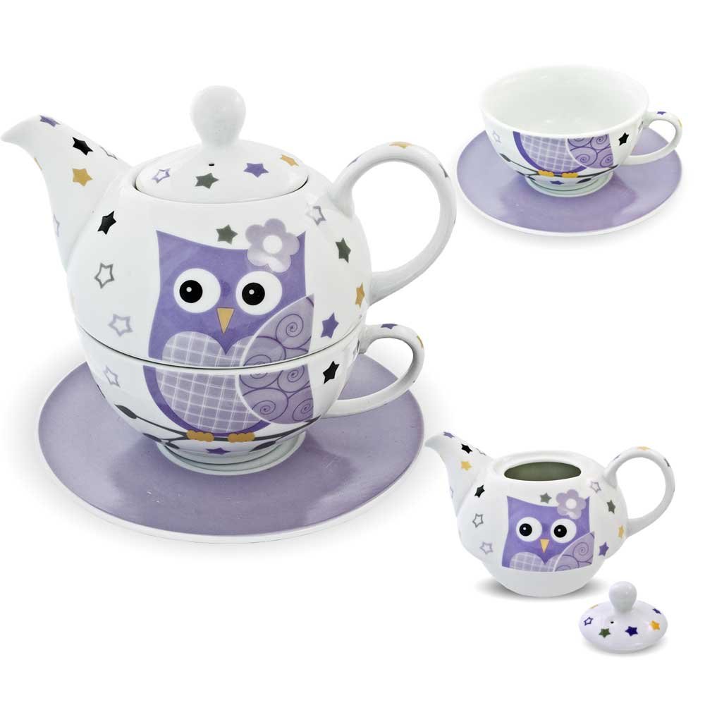 Tea for One Porcelain Tea Set with Teapot / Tea Cup / Saucer Owl Design Purple and White