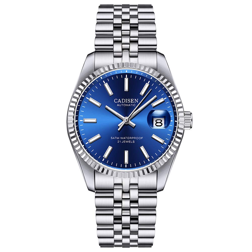 CADISEN Men's Automatic Watch Mechanical Automatic Watch Sapphire Glass and Stainless Steel Bracelet Watch, 8053 Blue, Bracelet