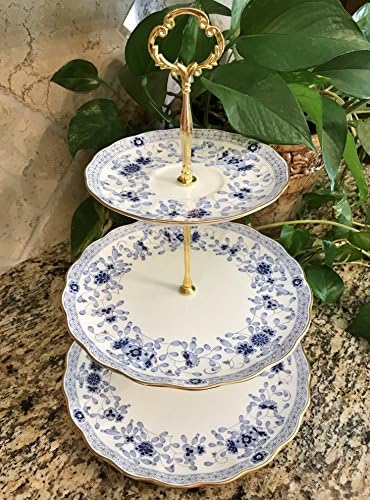 Three Tier Stand, Jewelry Stand, Vanity Stand, Cake Plate, Tray, Mismatched Plates, Cupcake Stand, Dessert, Appetizer, Tidbit, Vintage, Antique, Blue