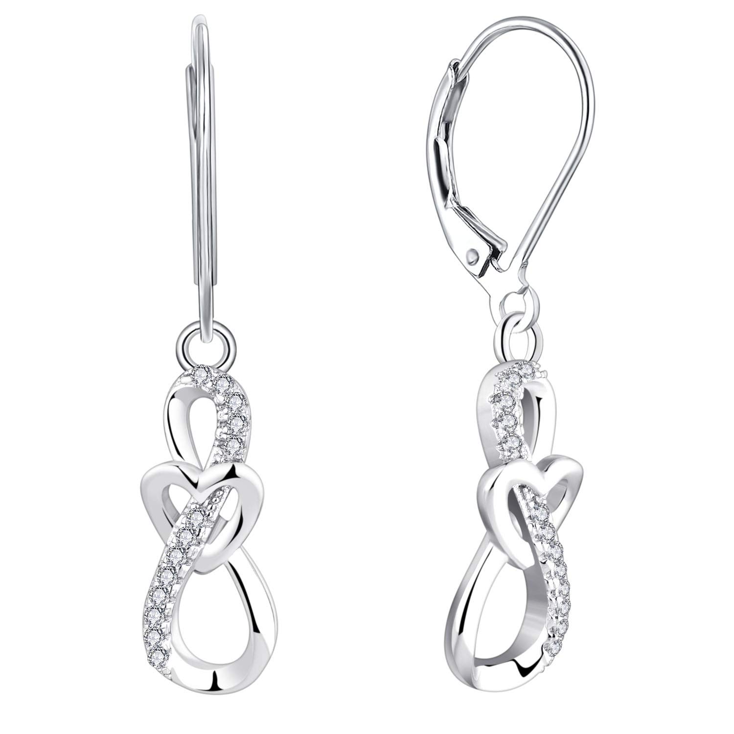 JO WISDOM Women Heart Infinity Earrings,925 Sterling Silver Leverback Dangle & Drop Earrings with 3A Cubic Zirconia April Birthstone with White Gold Plated