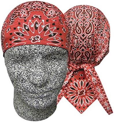 Red Paisley Head Wrap Durag Biker Skull Cap Cotton with Sweatband and Rhinestones