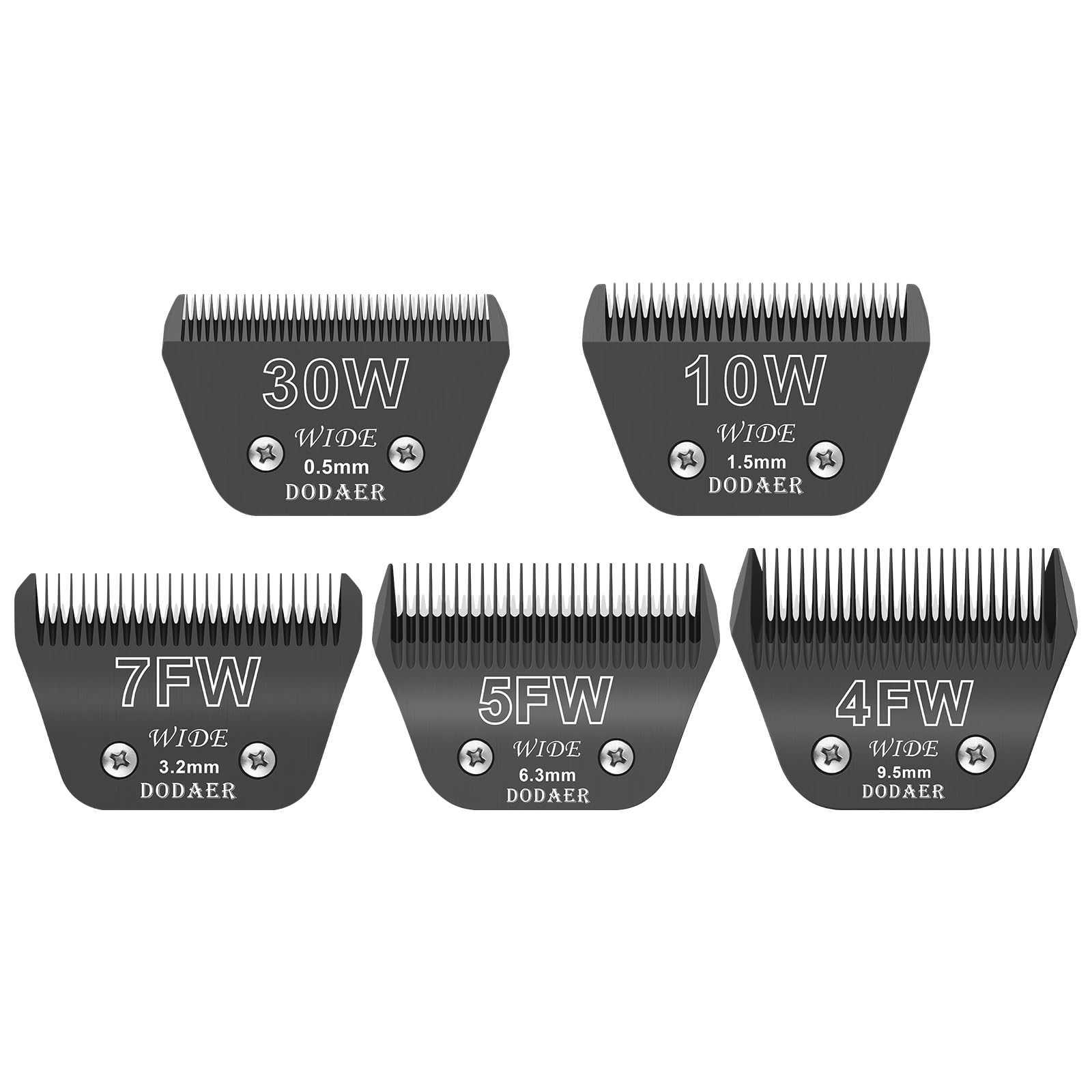 Photo 1 of DODAER 30W+10W+7FW+5FW+4FW Wide Blades for Dog Grooming,Compatible with Andis,Oster A5,Wahl km10 Clippers,Cutting Length 1/50" to 3/8",5 Pack(Black)