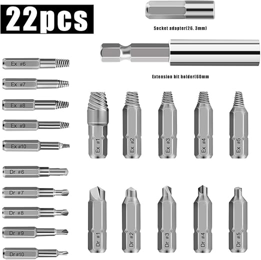 22pcs Stripped Screw Extractor Set Damaged Screw Remover Kit For