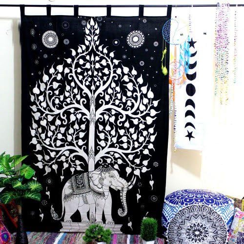 Indian Cotton Urban Elephant Mandala Tapestry Curtains, Boho Curtains, Tapestry Drapes, Mandala Wall Hanging, Indian Curtains Mandala Window Treatment Door Hanging (Black&white)