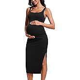 CRZ YOGA Butterluxe Maternity Square Neck Midi Dress - Split Ruched Tanks Womens Pregnancy Bodycon Casual Baby Shower