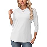 ALUS 3/4 Length Sleeve Tops for Women Crew Neck Casual Blouses Basic T Shirts