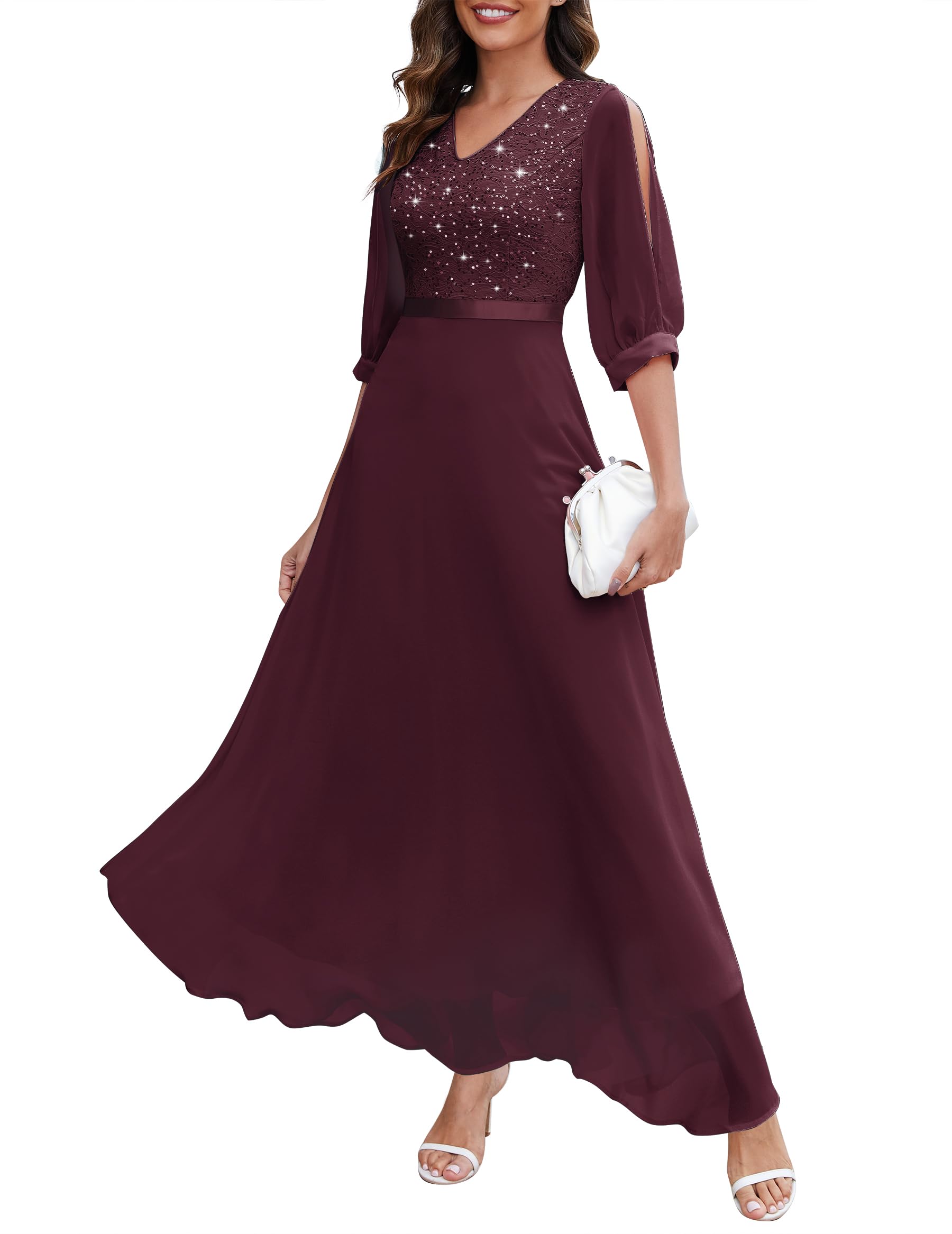 Photo 1 of Wedtrend Women's Sequin Wedding Guest Dress Long Sparkly Evening Party Dress Glitter Bridal Shower Dresses Elegant Swing Maxi Dresses WT0317BurgundyL