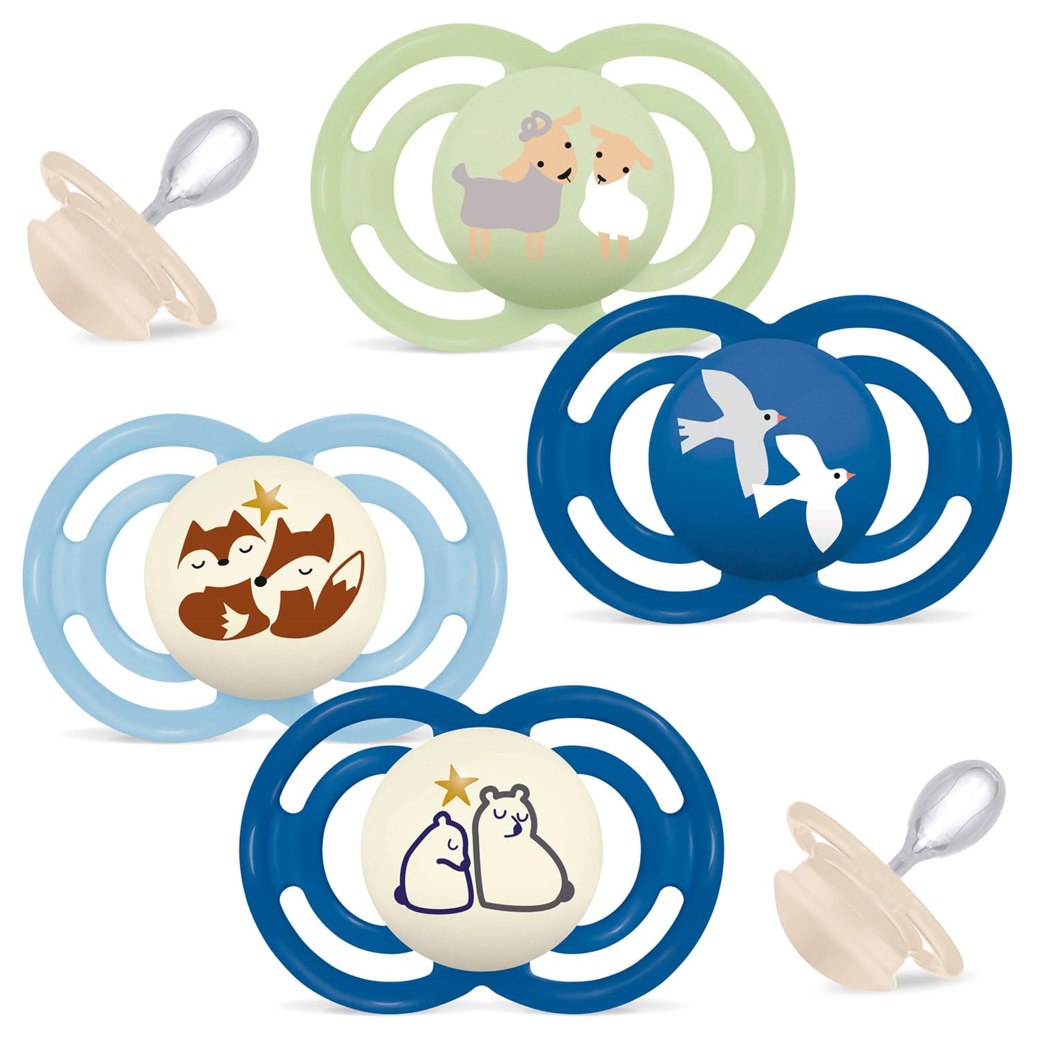 MAM Perfect Day & Perfect Night Dummy 16 Plus "Blue Colours Mix" // Set of 4 // Includes 1 Sterilising Transport Box