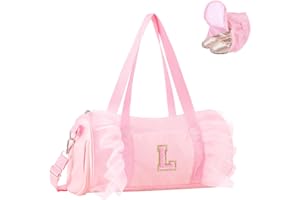 IQIMOTT Personalized Initial Dance Bag for Girls, Small Lace Gym Sport Yoga Cheer Dance Bags Gift for Teen Girls, Cute Letter Kids Ballet Bag Zipper Toddler Travel Duffel Tote with Adjustable Straps(Pink-L)