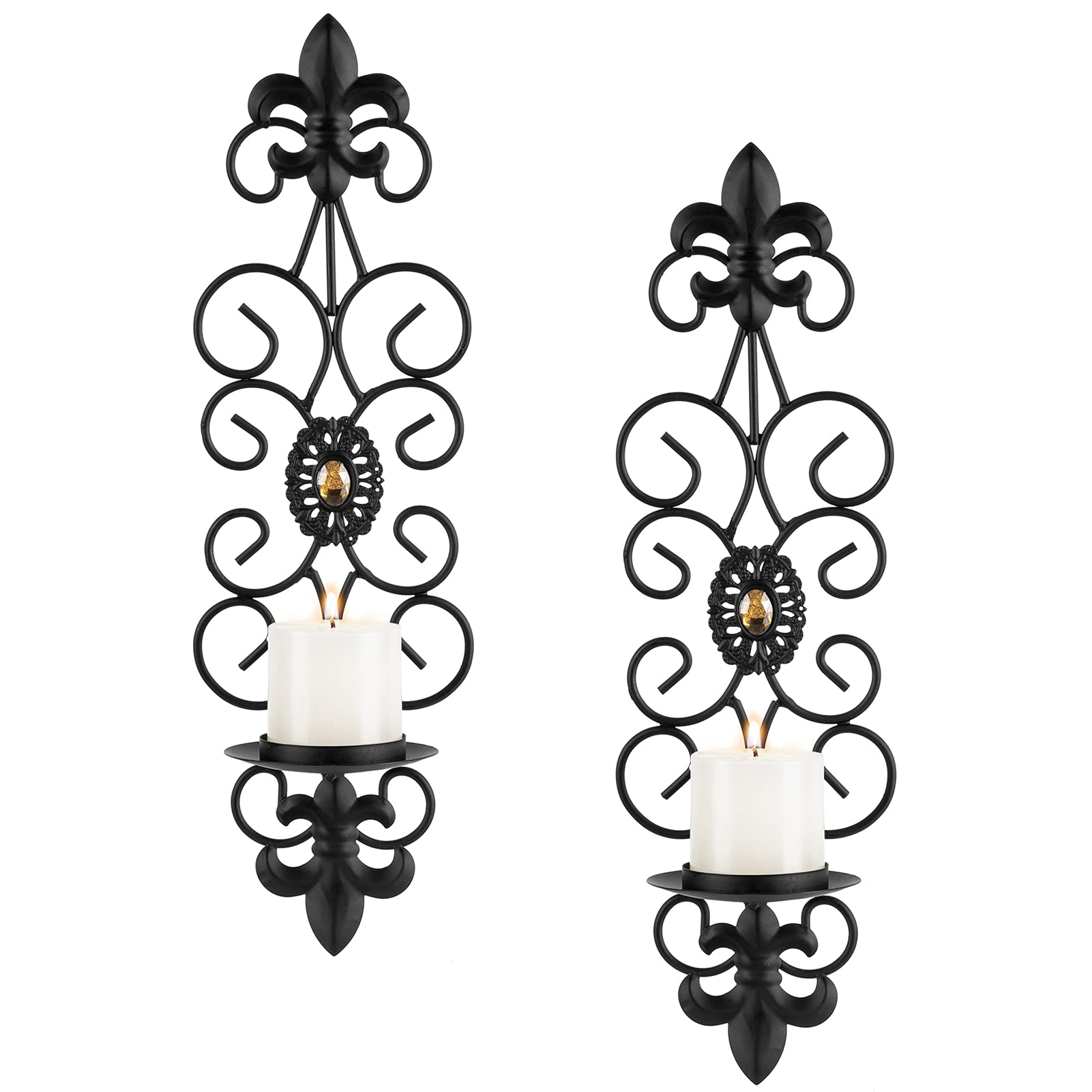 Sziqiqi Wall Candle Holders for Living Room 2 Pcs Metal Candle Sconces for Pillar Tea Light Candles Vintage Black Wall Mount Decorations with Modern Art Design for Wall, Bathroom, Dining Room