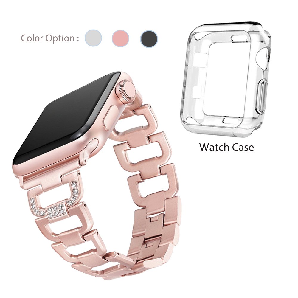 Magnve Bling Band for Apple Watch Band 38mm,Women Stainless Steel Metal Fashion Design Replacement Wrist Strap And Screen Protector, for iWatch Series 3 Series 2 Series 1 Sport (38mm Rose Gold)