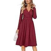 OUGES Women's Fall Long Sleeve Dress Casual Wrap V Neck Flowy Midi Wedding Guest Dresses with Pockets 2025