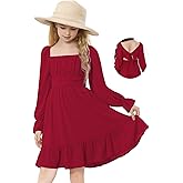 Durio Girls Dresses for Teens Girls Tie Back Off Shoulder Dress Cute Long Sleeve Dress Easter Kids School Party Dance Dresses
