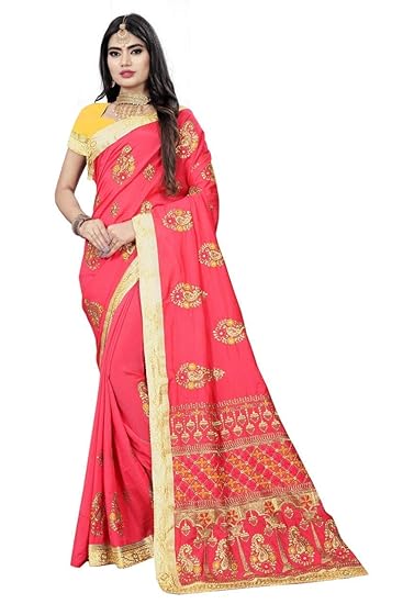 YASHIKA Fashion Womens Designed Light Pink Embroider Work Saree With Blouse Piece