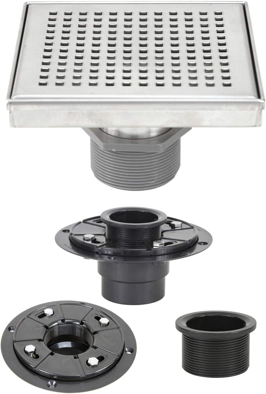 Shower Linear Drain (6 inches) – Square Checker Pattern Grate with Threaded Adapter and Adjustable Leveling Feet – Brushed 304 Stainless Steel (with 2 Inch ABS Shower Drain Base Flange Included)