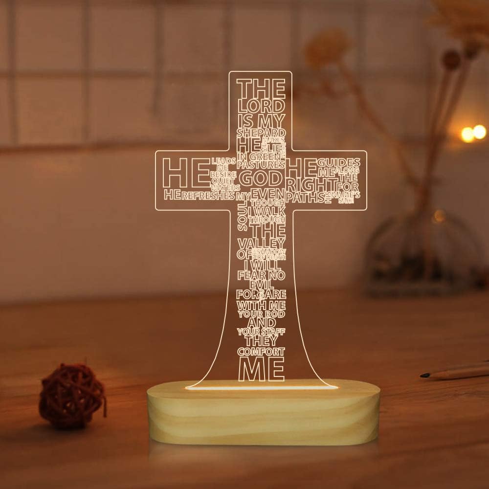Jesus Cross 3D Night Light, Christ Optical Illusion Lights, Warm White Wooden Handmade