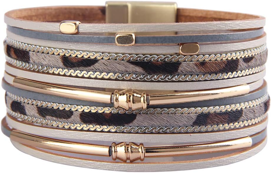 Leather Wrap Bracelet for Women Multi Layer Braided Bracelets Hand-Weave Cuff Bangle with Magnet Clasp for Girls