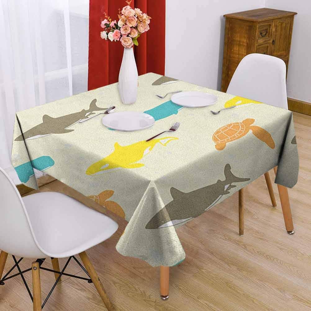 Sea Animals Square Tablecloth Soft 60 x 60 inch Pattern with Whale Shark and Turtle Aquarium Doodle Style Marine Life Drapability Ivory Taupe Peach