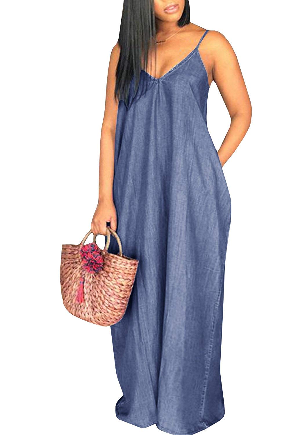 Womens Summer Spaghetti Strap Dresses Casual Denim Deep V Neck | Desertcart  Cayman Islands