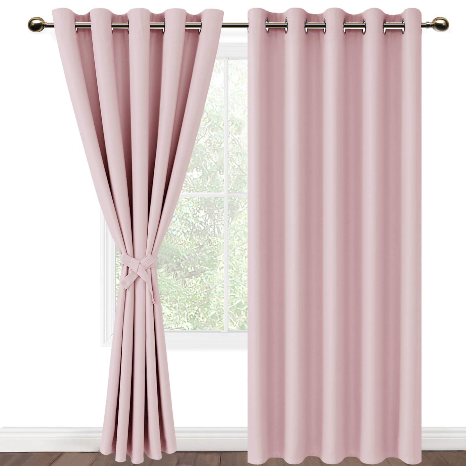 DWCN Blackout Curtains with Tiebacks for Bedroom Thermal Insulated Solid Eyelet Curtains for Living Room,2 Panels,66" Wide x 90" Drop Pink