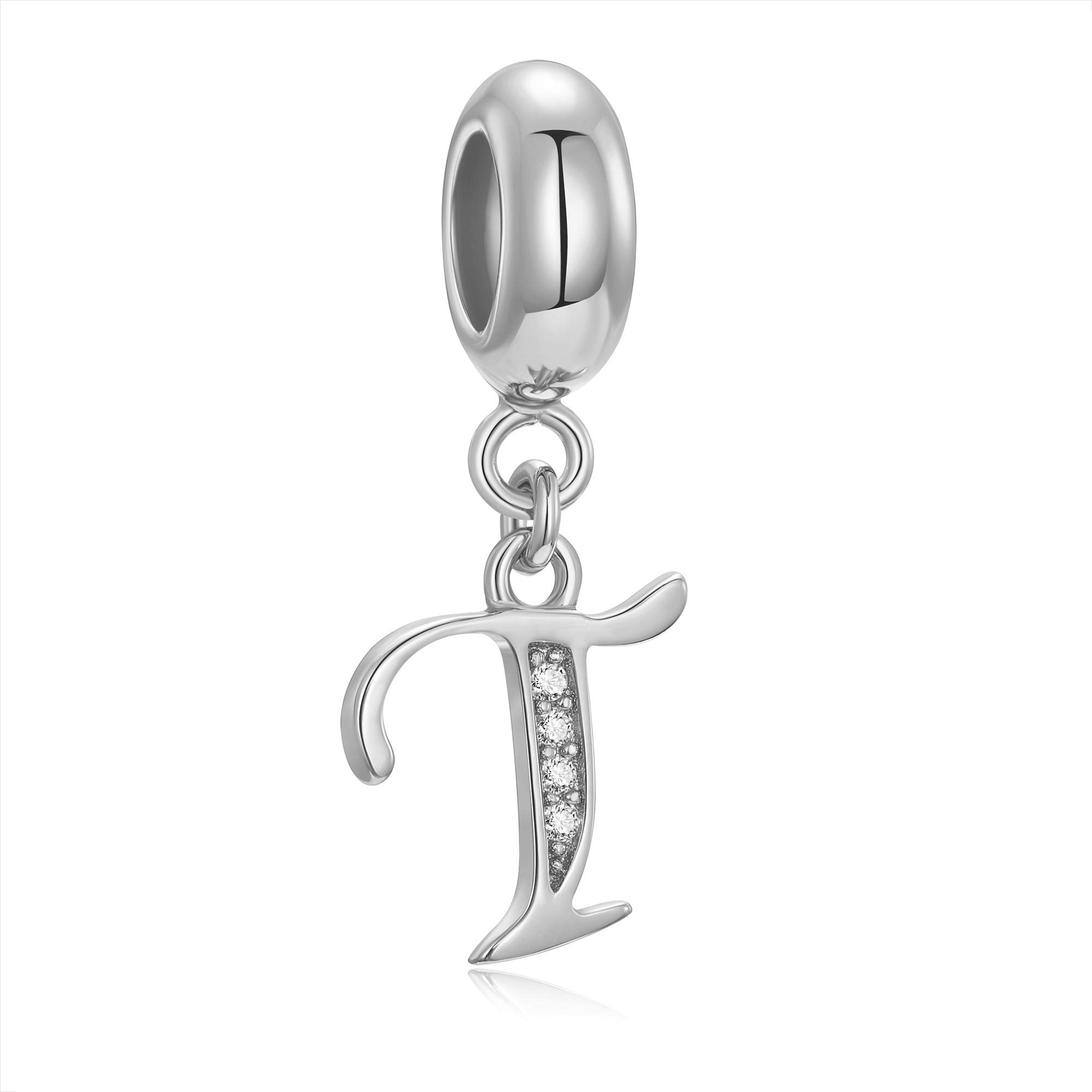 Genuine 925 Sterling Silver Letter Beads Initial A-z Dangle Alphabet Crystal Charm Fits European Bracelet Necklace (Letter T)