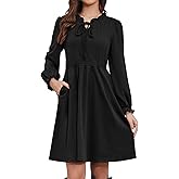Alaster Queen Women's Fall Long Sleeve Dress Knit Ribbed Tie Front A Line Casual Ruffle Dresses with Pockets