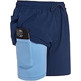 Mens Swim Trunks with Compression Liner Anti Chafing 7 inch Inseam Stretch Quick Dry Swim Shorts with Phone Pocket