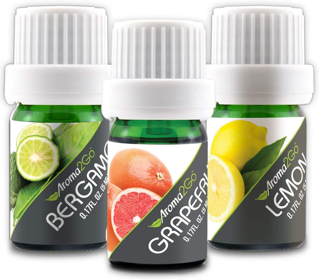 Aroma2Go Essential Oils Set, 100% Pure Undiluted, Therapeutic Grade, Plant Based in 5ML Bergamot, Grapefruit, & Lemon (Citrus Pack)