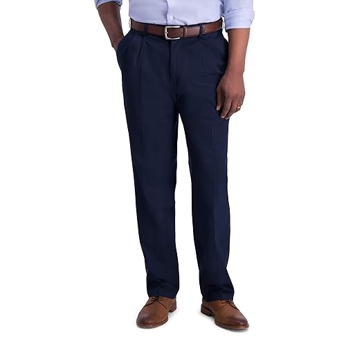 Haggar mens Iron Free Premium Khaki Classic Fit Pleat Front Expandable Waist Casual Pants, Dark Navy, 36W x 34L US