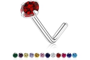 3mm Birthstone Nose Stud 20g Round Tiny CZ Nose Piercing Jewelry For Women Men, S925 Silver Hypoallergenic Nose Stud, L Shape