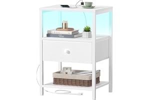 BOLUO White Nightstand with Charging Station, LED Night Stand with Fabric Drawers and Shelf, Bedside Table with USB Ports and Outlets, Bedroom Nightstand Modern
