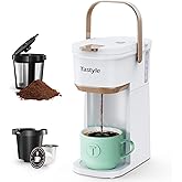 Tastyle Mini Single Serve Coffee Maker for K Cups and Grounds with Handle | for Travel, Camping, Office, RV and Dorm, Portable Handle,120V, 6 to 12 Oz Brew Size, BPA Free, K302, White and Brown