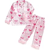 Kuriozud Toddler Kids Girl Mardi Gras Satin Silk Pajamas Little Girl Feather Trim Sleeve Carnival Pajama Set Nightgown Pjs