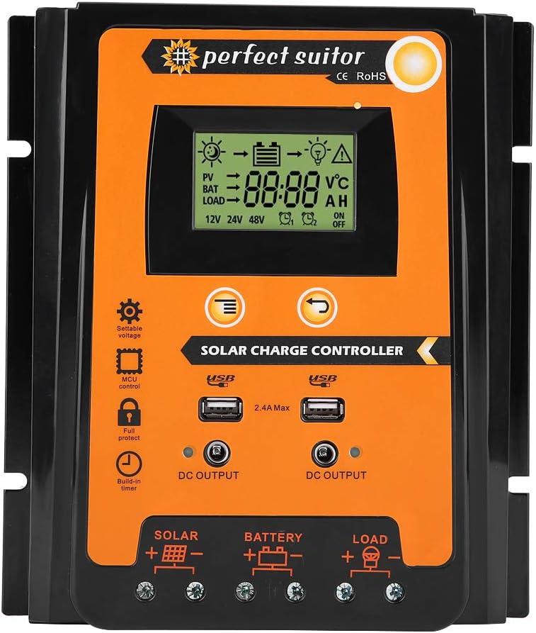 Gorgeri Plastic 30A 50A MPPT Solar Charge Controller 12V/24V Auto,Premium MPPT Solar Charge Controller Solar Panel Battery Regulator Dual USB LCD Display (Black Orange)(70A)
